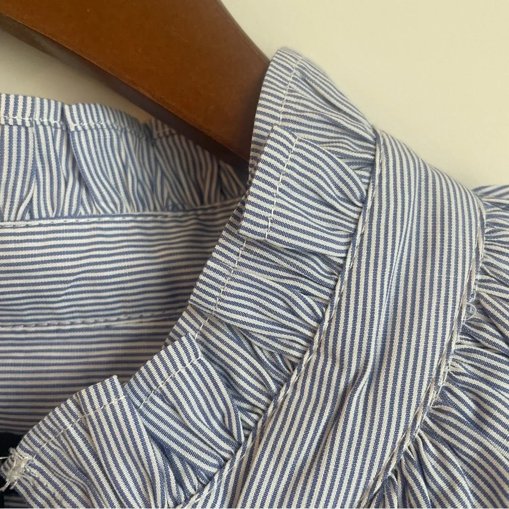 J. Crew Women's Blue and White Stripe Ruffle Button Down Shirt - Picture 7 of 9